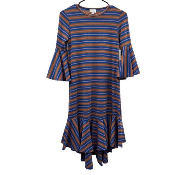 LuLaRoe Maurine Blue & Pink Striped Ruffle Asymmetrical Hem Midi Dress Size XXS - Picture 1 of 10
